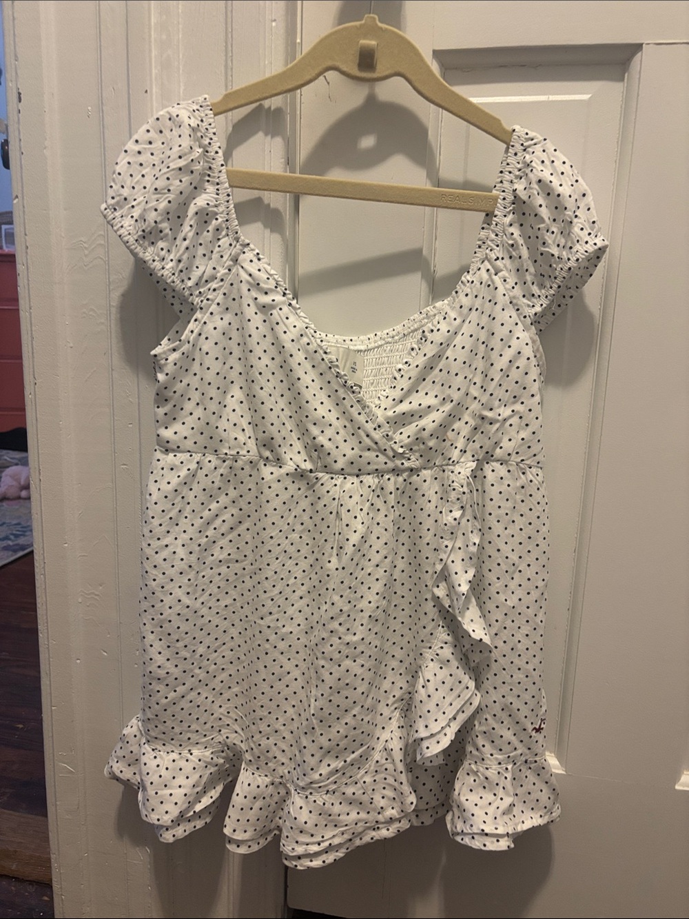 Hollister White Top with Black Polka Dots and Ruffle Hem